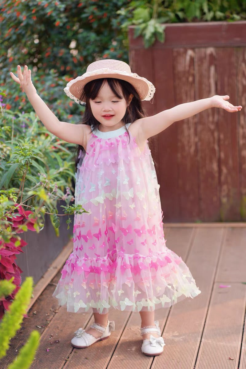 [363854] - Gaun Cantik Pink Baju Dress Lengan Kutung Fashion Anak Perempuan Cewek - Motif Butterfly