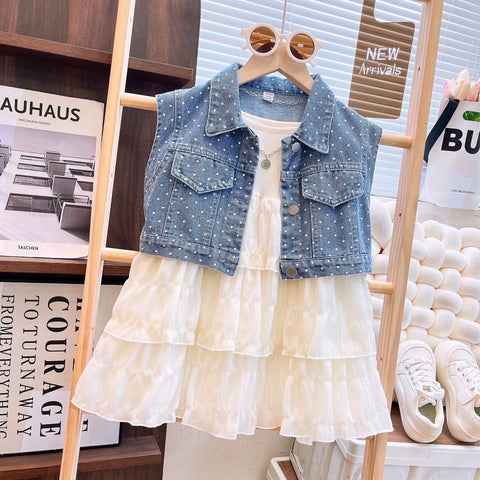 [363855] - Oneset 2in1 Gaun Rompi Denim Baju Setelan Dress Lengan Kutung Fashion Anak Perempuan Cewek - Motif Polka Denim