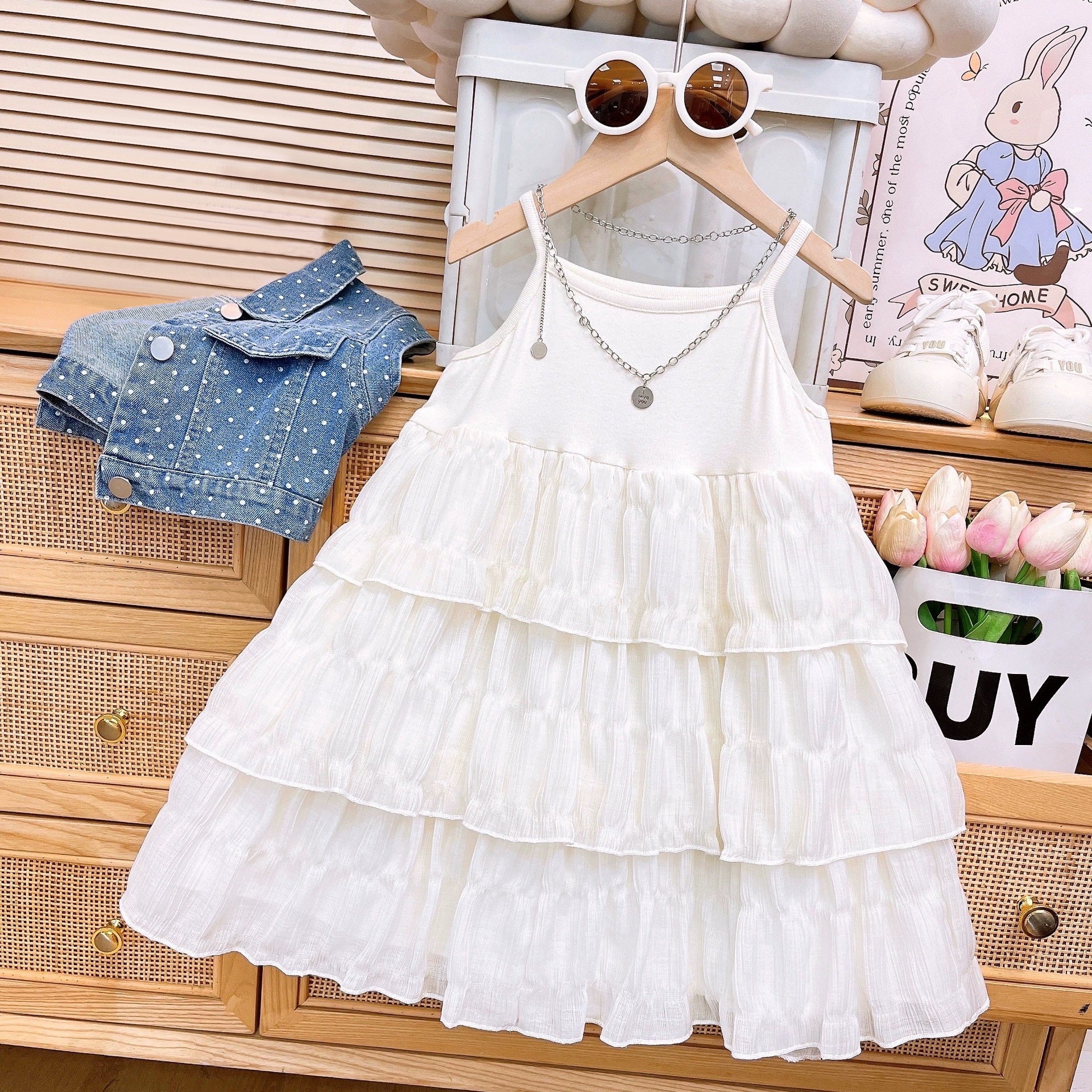 [363855] - Oneset 2in1 Gaun Rompi Denim Baju Setelan Dress Lengan Kutung Fashion Anak Perempuan Cewek - Motif Polka Denim