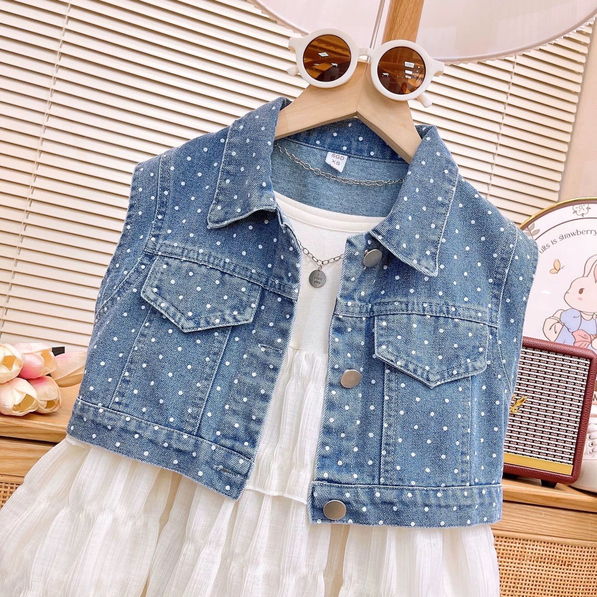 [363855] - Oneset 2in1 Gaun Rompi Denim Baju Setelan Dress Lengan Kutung Fashion Anak Perempuan Cewek - Motif Polka Denim