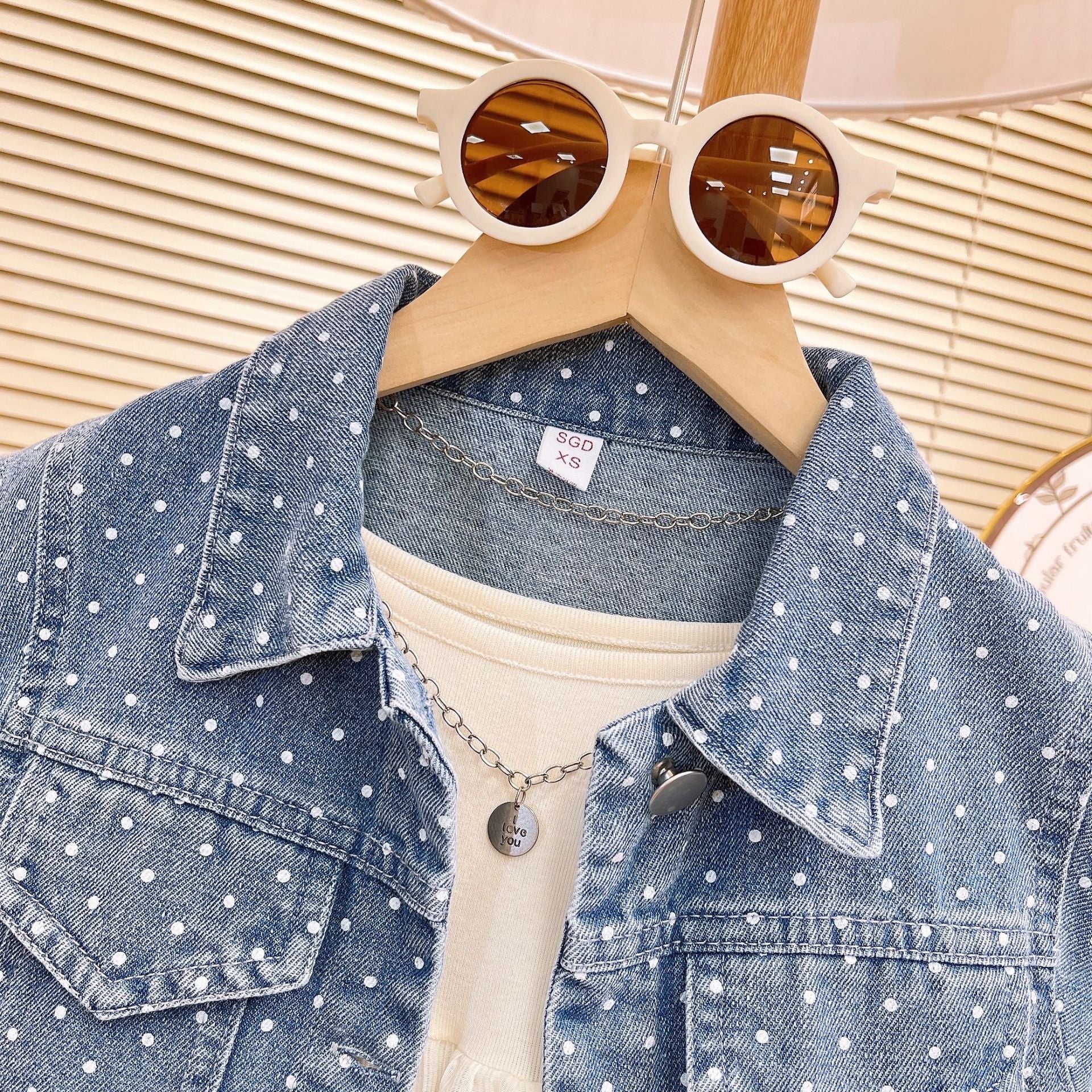 [363855] - Oneset 2in1 Gaun Rompi Denim Baju Setelan Dress Lengan Kutung Fashion Anak Perempuan Cewek - Motif Polka Denim
