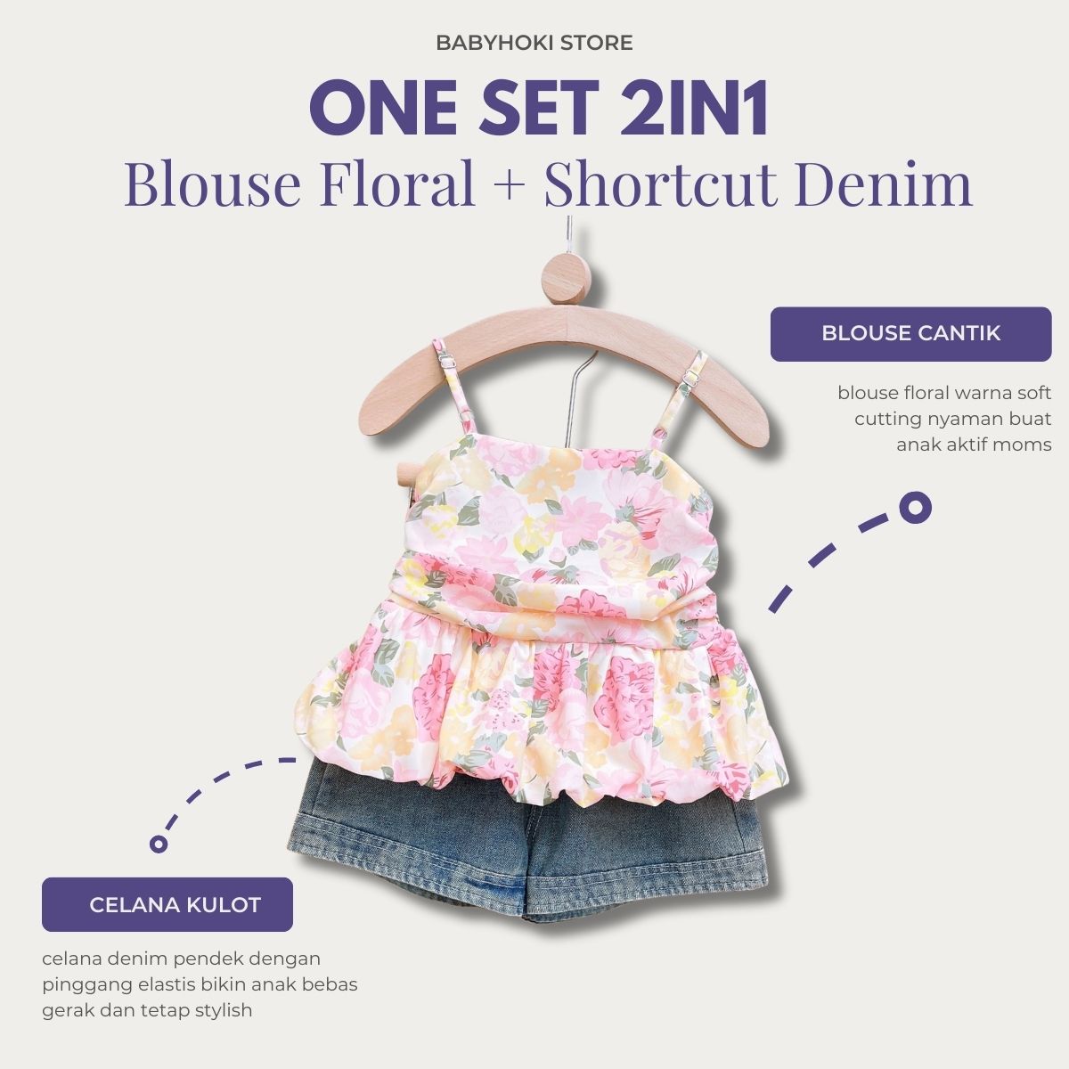 [363856] - Oneset 2in1 Cantik Setelan Baju Atasan Blouse Tanpa Lengan Bawahan Celana Pendek Denim Fashion Anak Perempuan Cewek - Motif Mixed Flower Colors - BABYHOKI STORE