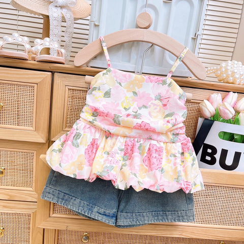 [363856] - Oneset 2in1 Cantik Setelan Baju Atasan Blouse Tanpa Lengan Bawahan Celana Pendek Denim Fashion Anak Perempuan Cewek - Motif Mixed Flower Colors