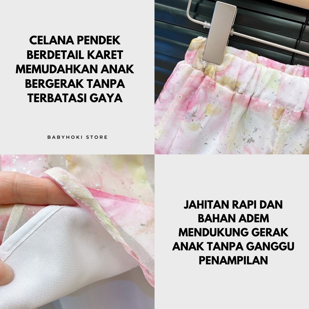 [363857] - Oneset 2in1 Lucu Cantik Setelan Baju Atasan Blouse Bunga Lengan Kutung Bawahan Celana Pendek Fashion Anak Perempuan Cewek - Motif Pink Flower - BABYHOKI STORE