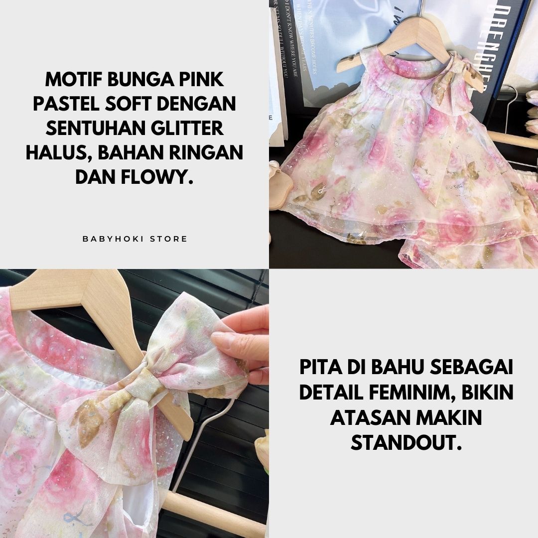 [363857] - Oneset 2in1 Lucu Cantik Setelan Baju Atasan Blouse Bunga Lengan Kutung Bawahan Celana Pendek Fashion Anak Perempuan Cewek - Motif Pink Flower - BABYHOKI STORE