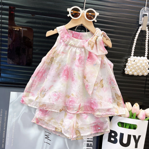 [363857] - Oneset 2in1 Lucu Cantik Setelan Baju Atasan Blouse Bunga Lengan Kutung Bawahan Celana Pendek Fashion Anak Perempuan Cewek - Motif Pink Flower