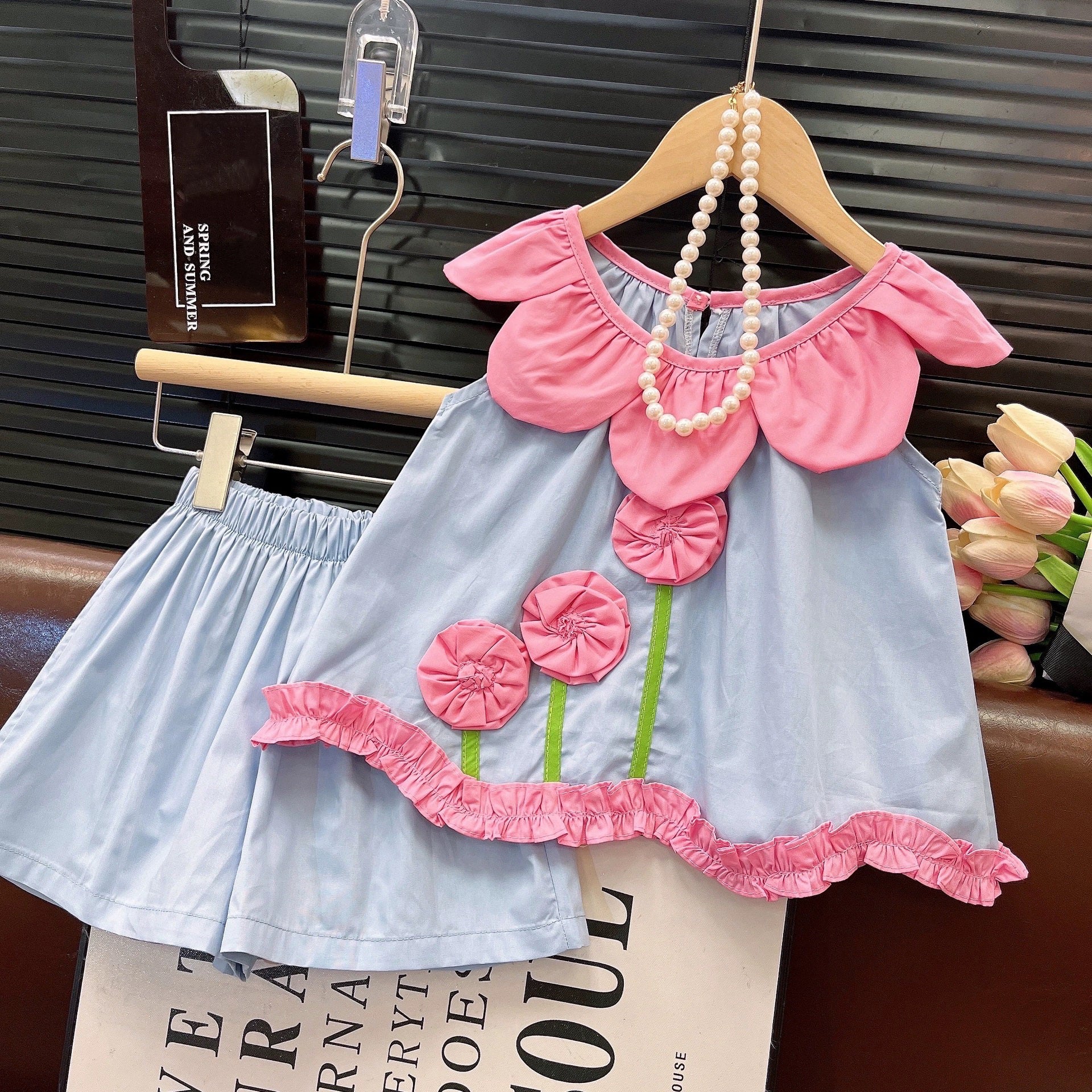 [363859] - One Set 2in1 Baju Setelan Atasan Blouse Lengan Kutung Bawahan Celana Pendek Fashion Anak Perempuan - Motif Plain Blue Flowers - BABYHOKI STORE