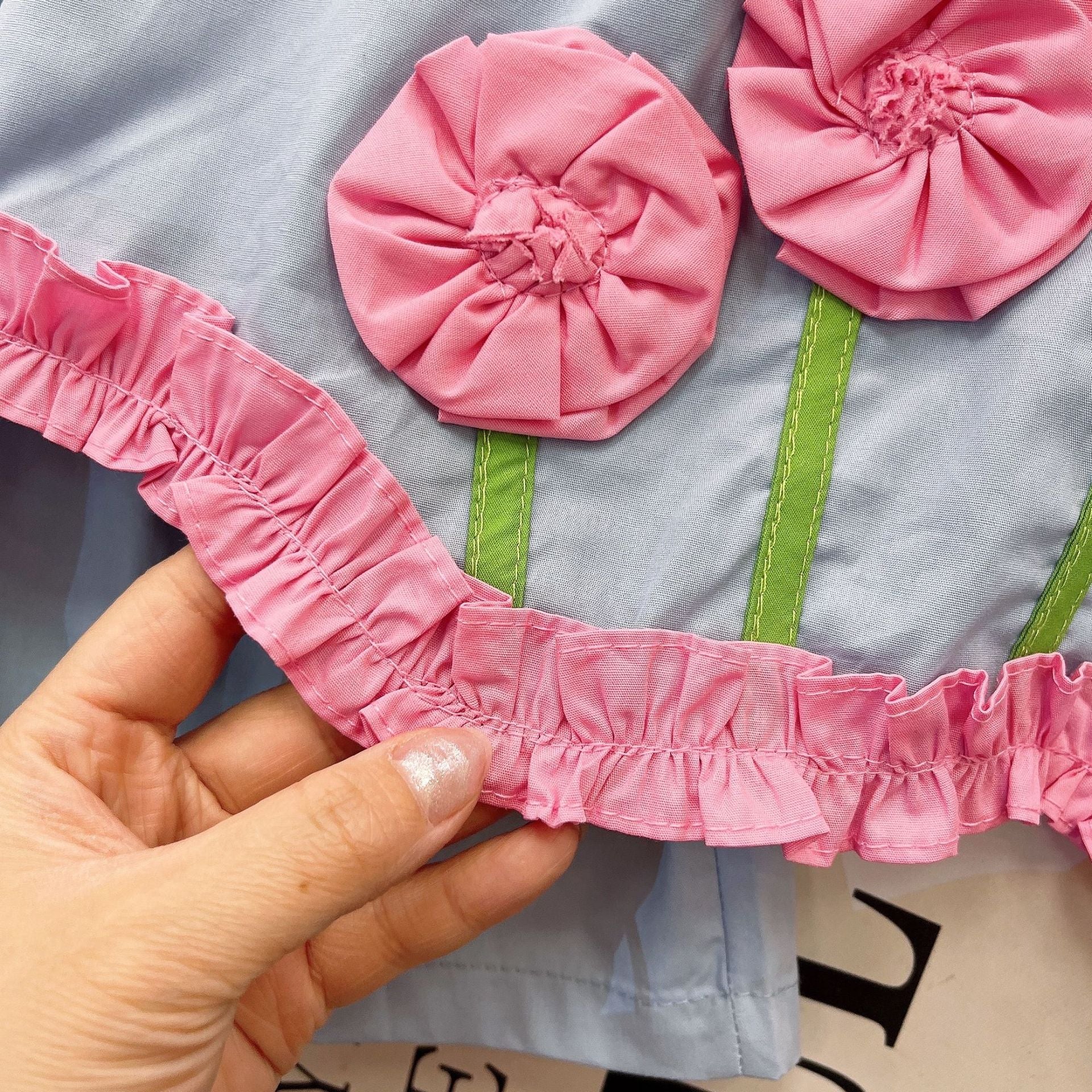 [363859] - One Set 2in1 Baju Setelan Atasan Blouse Lengan Kutung Bawahan Celana Pendek Fashion Anak Perempuan - Motif Plain Blue Flowers - BABYHOKI STORE