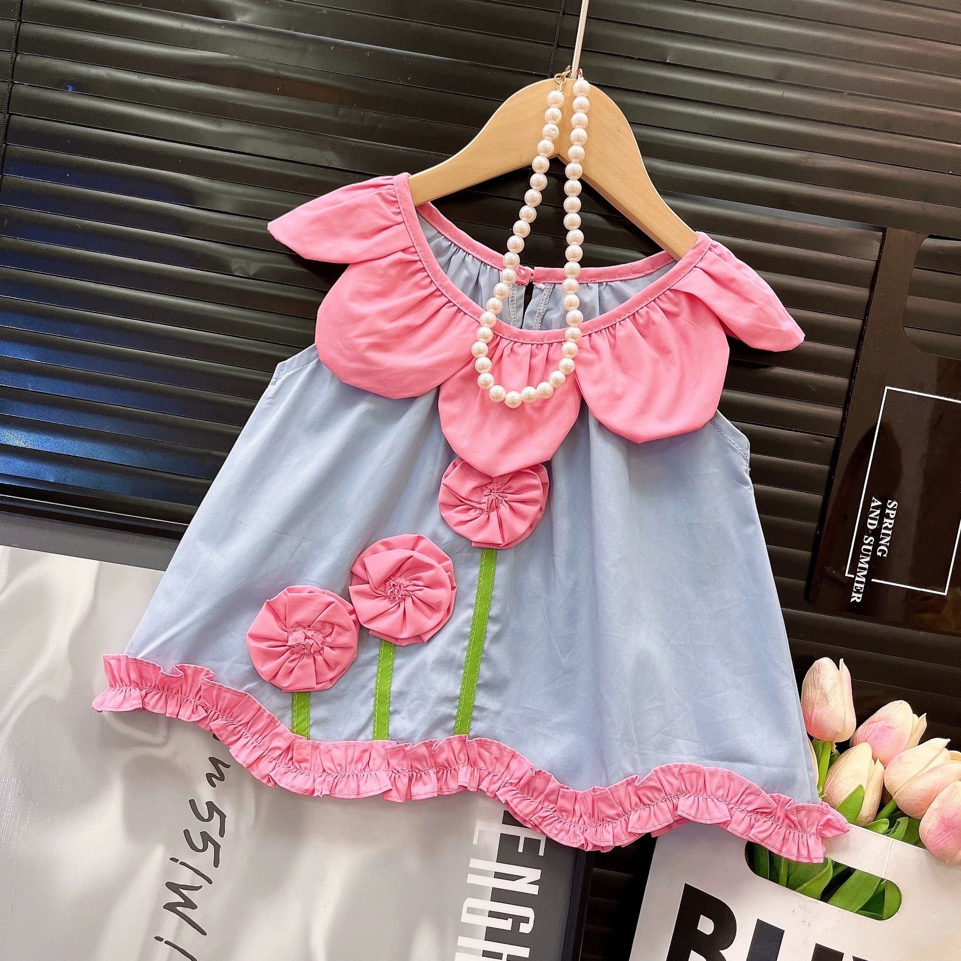 [363859] - One Set 2in1 Baju Setelan Atasan Blouse Lengan Kutung Bawahan Celana Pendek Fashion Anak Perempuan - Motif Plain Blue Flowers - BABYHOKI STORE