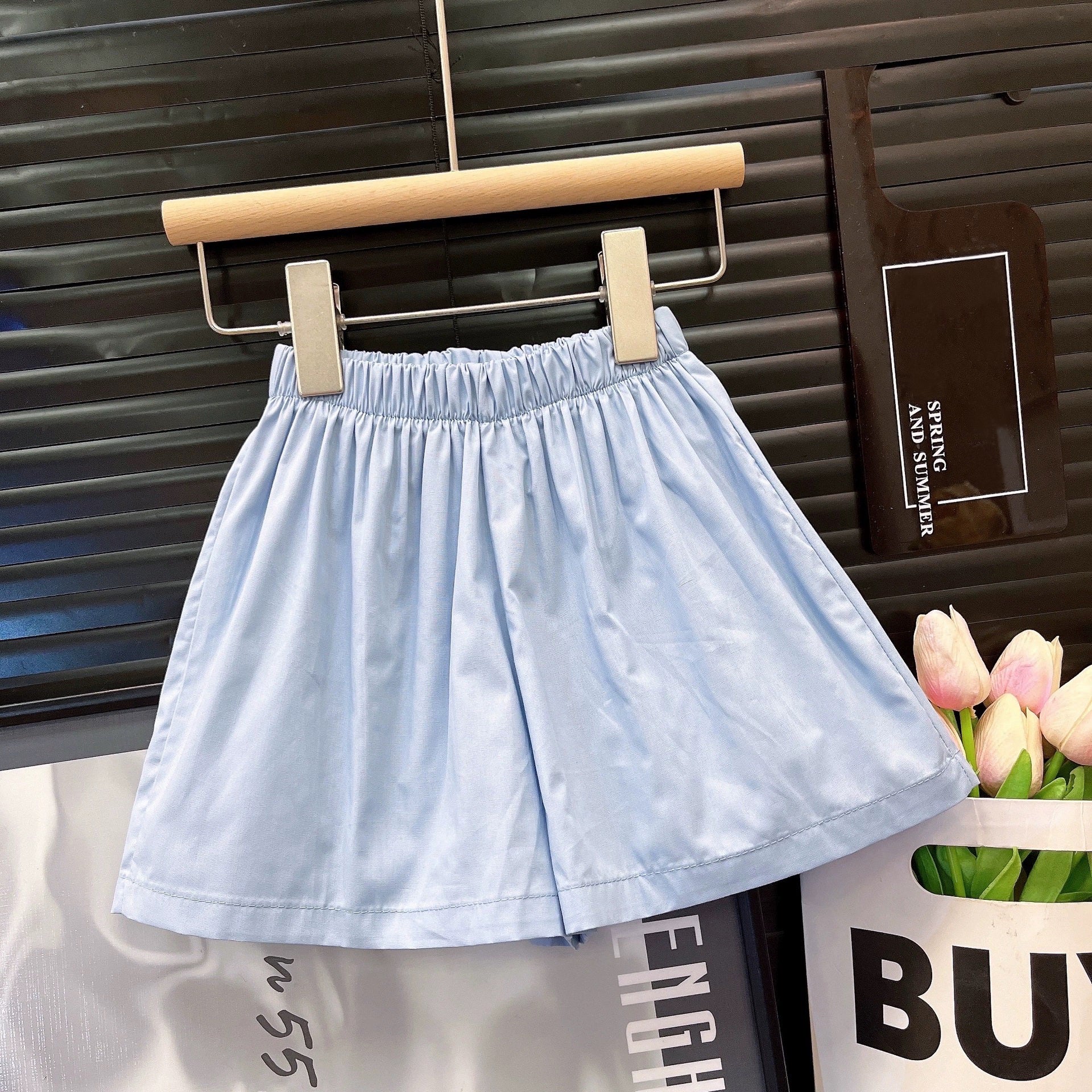 [363859] - One Set 2in1 Baju Setelan Atasan Blouse Lengan Kutung Bawahan Celana Pendek Fashion Anak Perempuan - Motif Plain Blue Flowers - BABYHOKI STORE