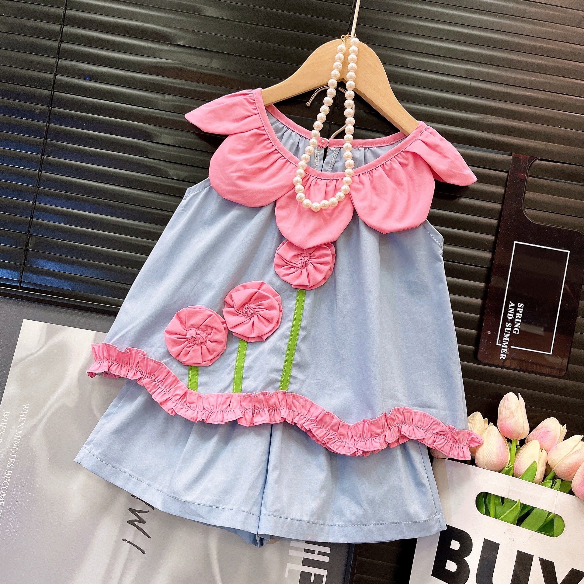 [363859] - One Set 2in1 Baju Setelan Atasan Blouse Lengan Kutung Bawahan Celana Pendek Fashion Anak Perempuan - Motif Plain Blue Flowers - BABYHOKI STORE