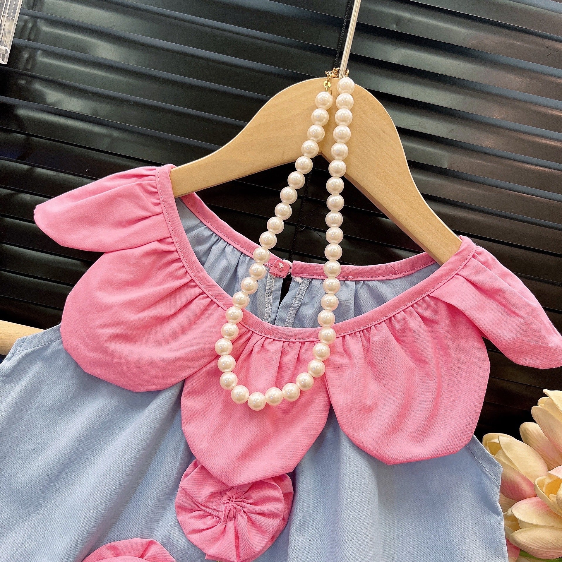 [363859] - One Set 2in1 Baju Setelan Atasan Blouse Lengan Kutung Bawahan Celana Pendek Fashion Anak Perempuan - Motif Plain Blue Flowers - BABYHOKI STORE