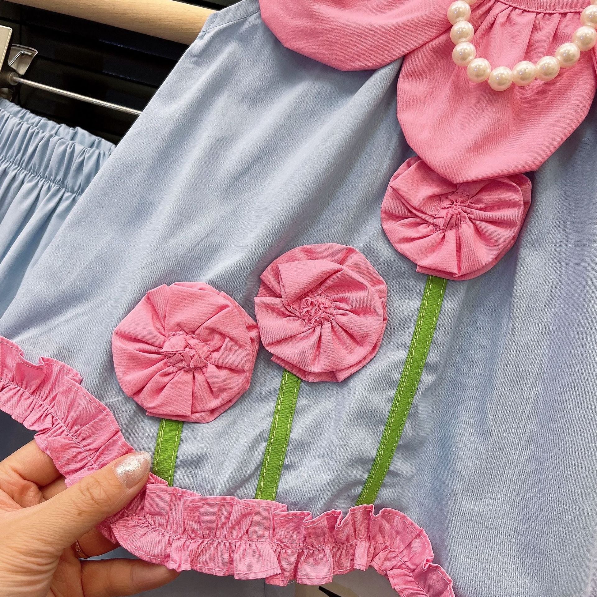 [363859] - One Set 2in1 Baju Setelan Atasan Blouse Lengan Kutung Bawahan Celana Pendek Fashion Anak Perempuan - Motif Plain Blue Flowers - BABYHOKI STORE