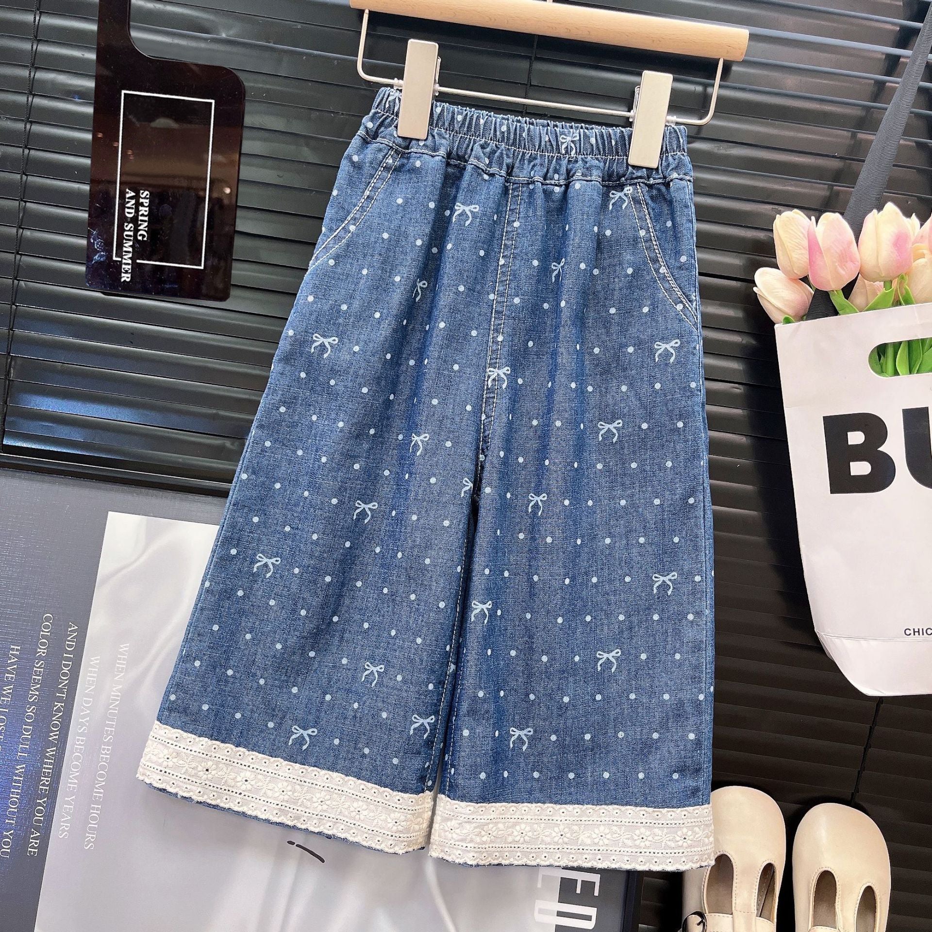 [363860] - Baju Setelan Atasan Blouse Lengan Kutung Bawahan Celana Panjang Kulot Fashion Anak Perempuan - Motif Polkadot Ribbon - BABYHOKI STORE