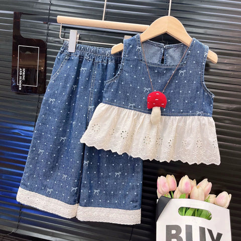 [363860] - Baju Setelan Atasan Blouse Lengan Kutung Bawahan Celana Panjang Kulot Fashion Anak Perempuan - Motif Polkadot Ribbon - BABYHOKI STORE