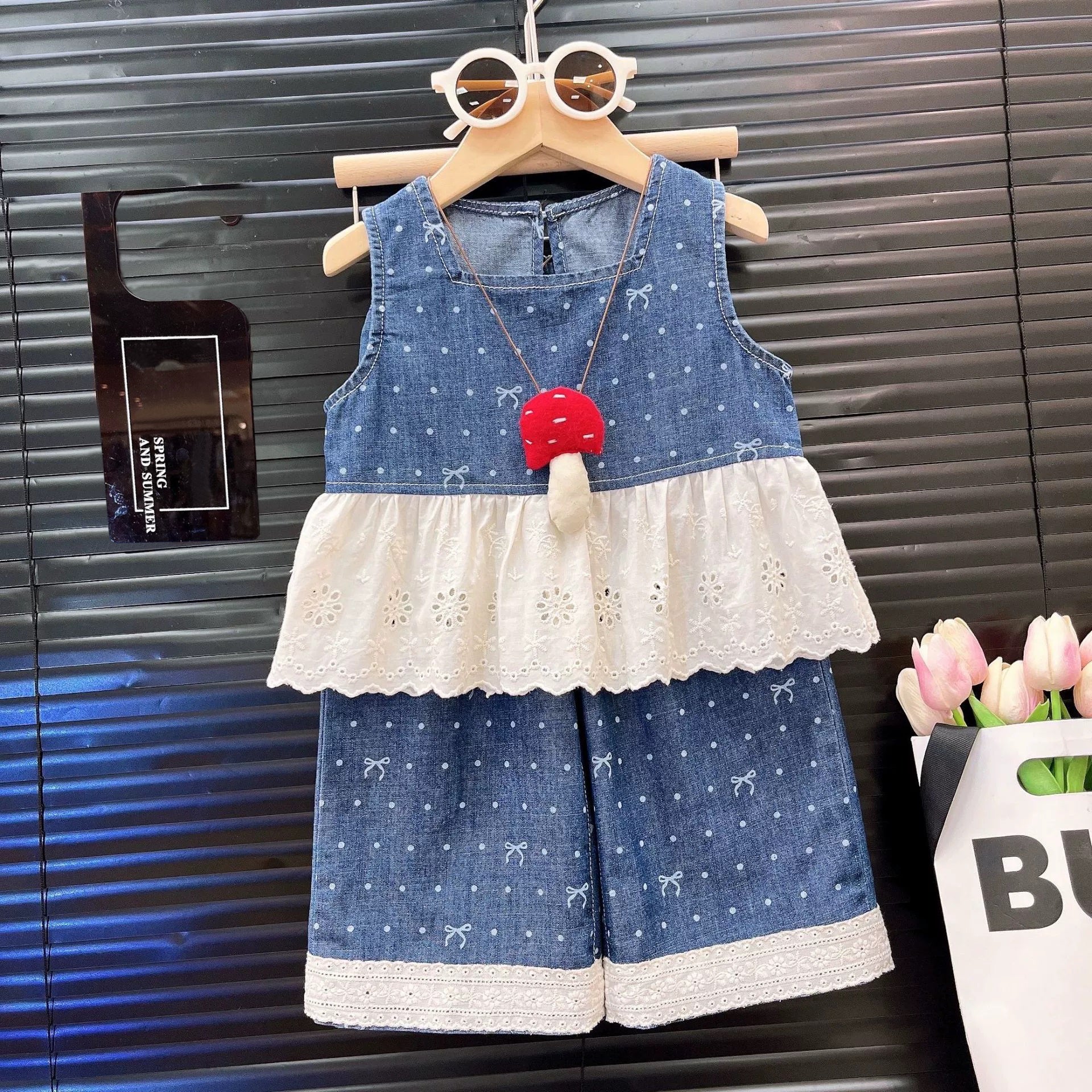 [363860] - Baju Setelan Atasan Blouse Lengan Kutung Bawahan Celana Panjang Kulot Fashion Anak Perempuan - Motif Polkadot Ribbon - BABYHOKI STORE