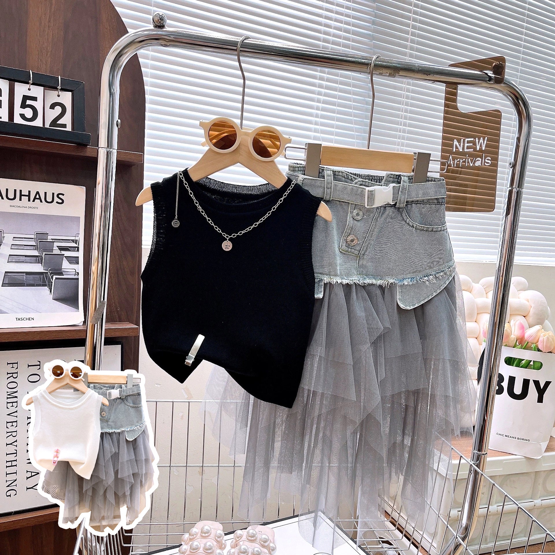 [363861] - One Set Rajut Tanktop & Rok Tulle Denim Baju Setelan Atasan Lengan Kutung Bawahan Mini Skirt Jeans Fashion Korea Anak Perempuan