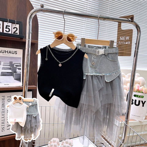 [363861] - One Set Rajut Tanktop & Rok Tulle Denim Baju Setelan Atasan Lengan Kutung Bawahan Mini Skirt Jeans Fashion Korea Anak Perempuan