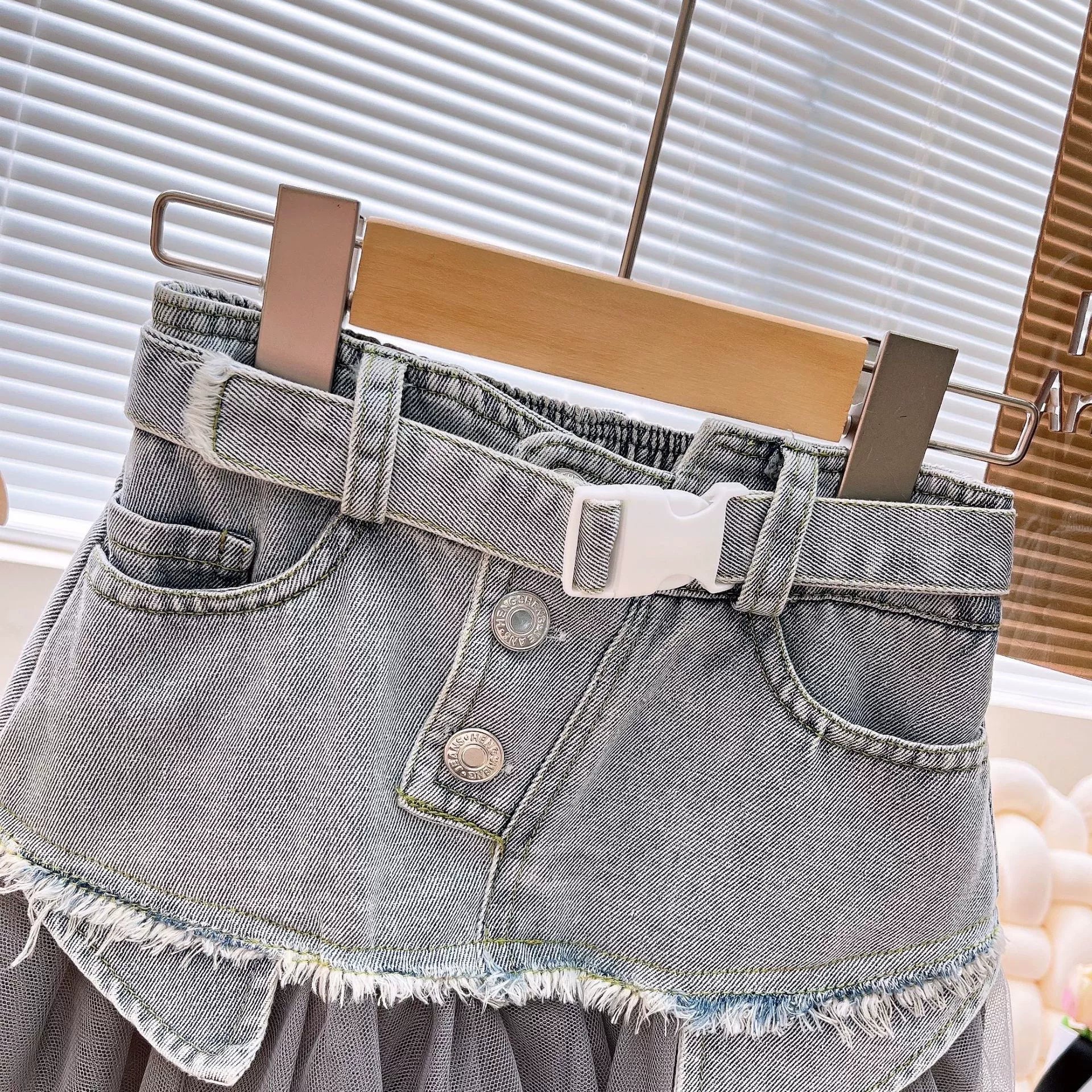 [363861] - One Set Rajut Tanktop & Rok Tulle Denim Baju Setelan Atasan Lengan Kutung Bawahan Mini Skirt Jeans Fashion Korea Anak Perempuan