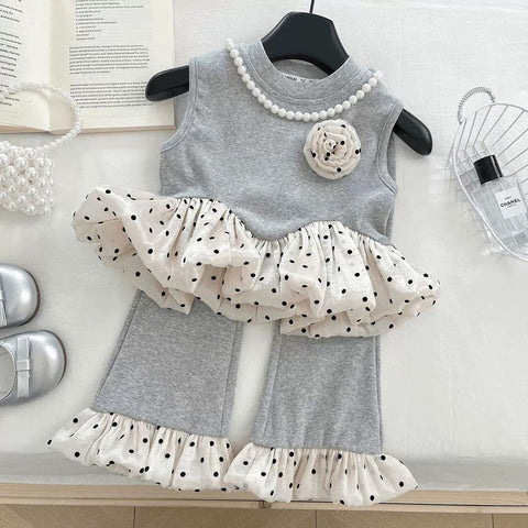 [363863] - Setelan Baju Atasan Lengan Kutung Bawahan Celana Panjang Fashion Anak Perempuan Cewek - Motif Ruffle Polkadot - BABYHOKI STORE