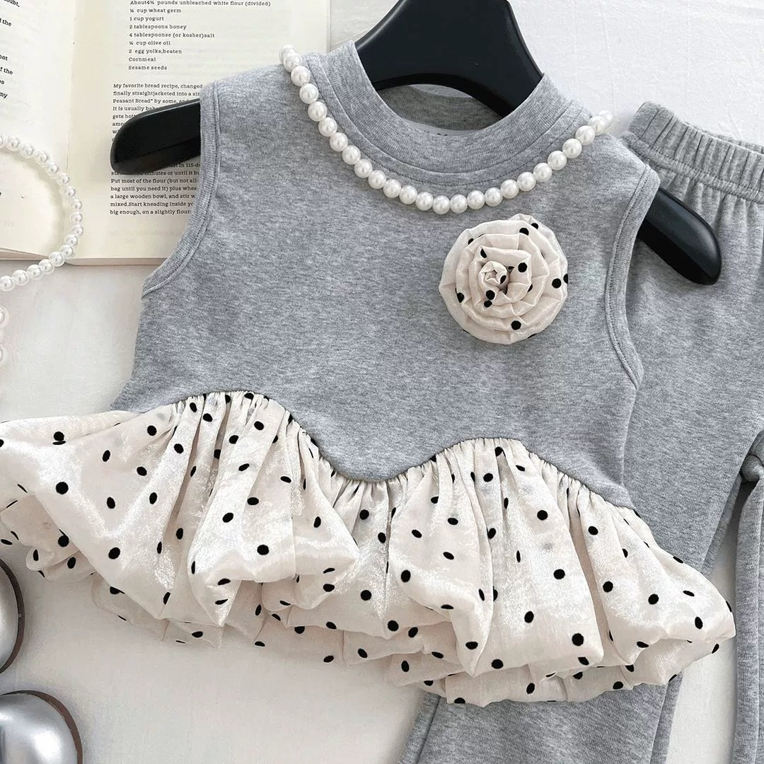 [363863] - Setelan Baju Atasan Lengan Kutung Bawahan Celana Panjang Fashion Anak Perempuan Cewek - Motif Ruffle Polkadot - BABYHOKI STORE