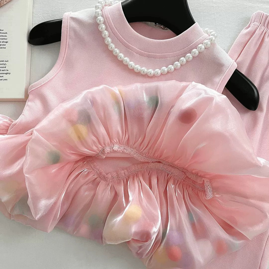 [363864] - Oneset 2in1 Modis Korea Style Baju Setelan Atasan Lengan Kutung Bawahan Celana Panjang Cutbray Fashion Anak Perempuan Cewek - Motif Pink Ruffle