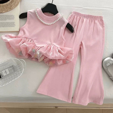 [363864] - Oneset 2in1 Modis Korea Style Baju Setelan Atasan Lengan Kutung Bawahan Celana Panjang Cutbray Fashion Anak Perempuan Cewek - Motif Pink Ruffle