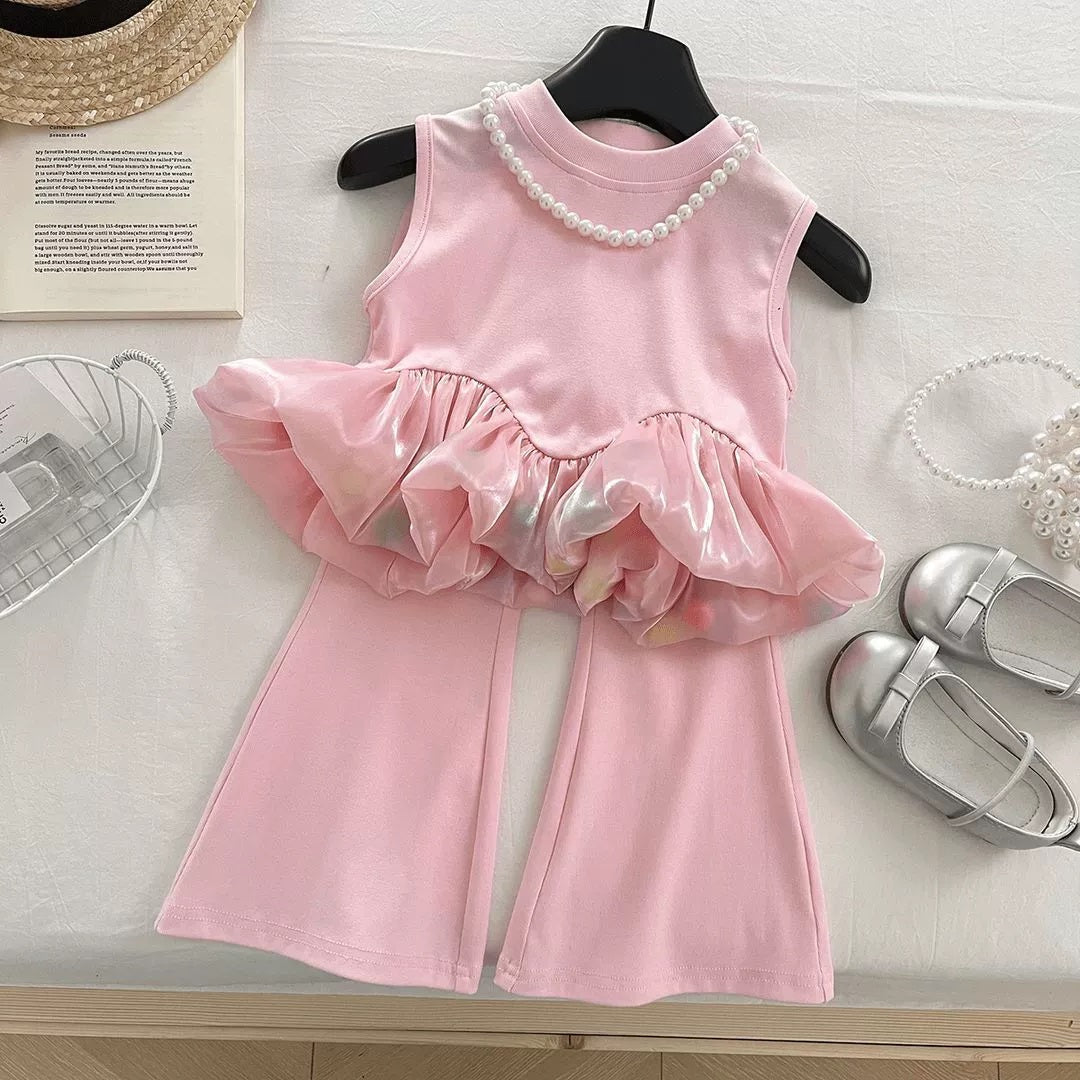 [363864] - Oneset 2in1 Modis Korea Style Baju Setelan Atasan Lengan Kutung Bawahan Celana Panjang Cutbray Fashion Anak Perempuan Cewek - Motif Pink Ruffle