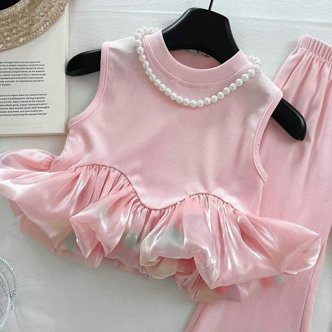 [363864] - Oneset 2in1 Modis Korea Style Baju Setelan Atasan Lengan Kutung Bawahan Celana Panjang Cutbray Fashion Anak Perempuan Cewek - Motif Pink Ruffle