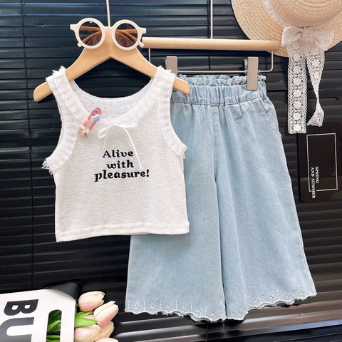 [363865] - One Set Cewek Outfit Korean Style Baju Setelan Tanktop Atasan Lengan Kutung Bawahan Celana Panjang Kulot Denim Fashion Anak Perempuan