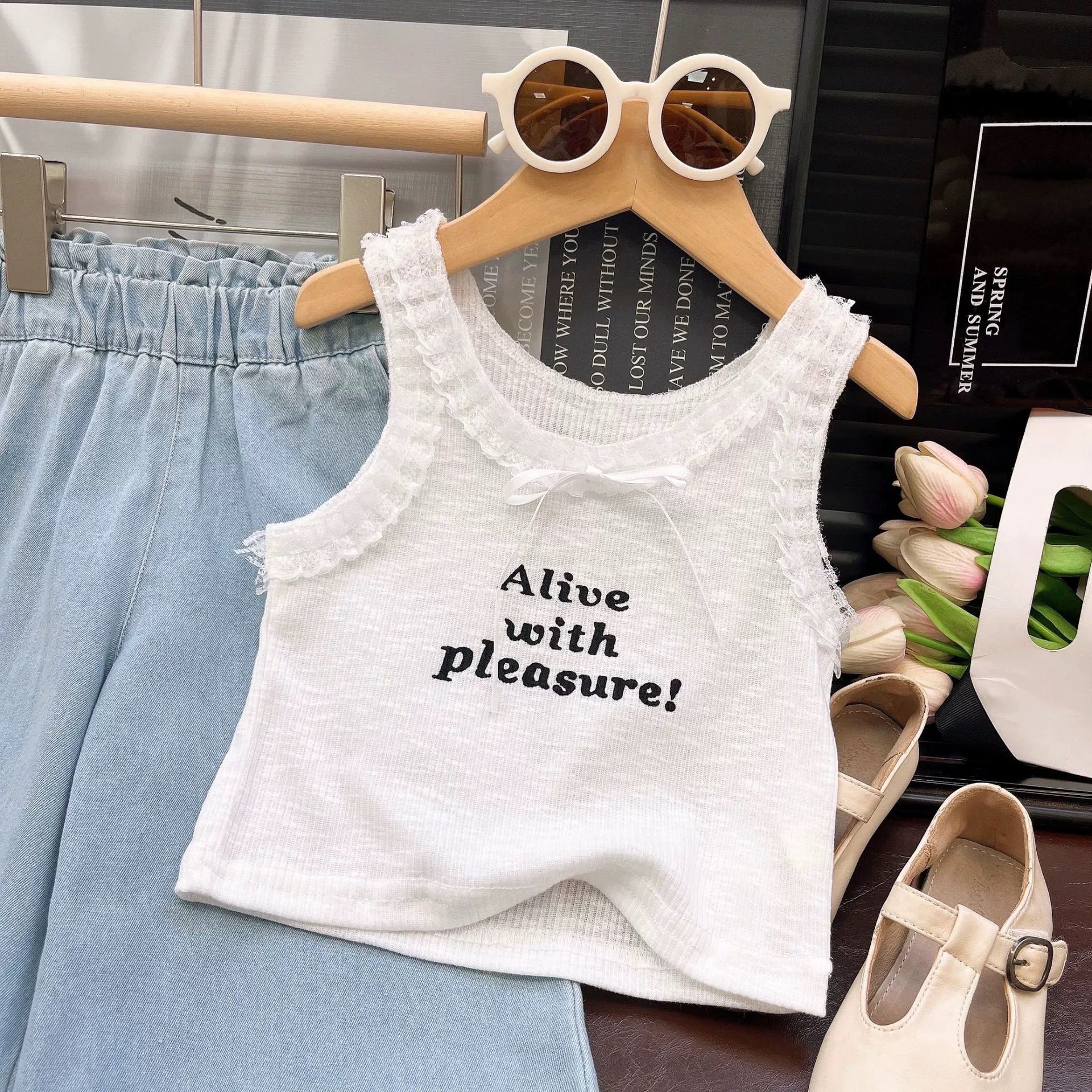 [363865] - One Set Cewek Outfit Korean Style Baju Setelan Tanktop Atasan Lengan Kutung Bawahan Celana Panjang Kulot Denim Fashion Anak Perempuan
