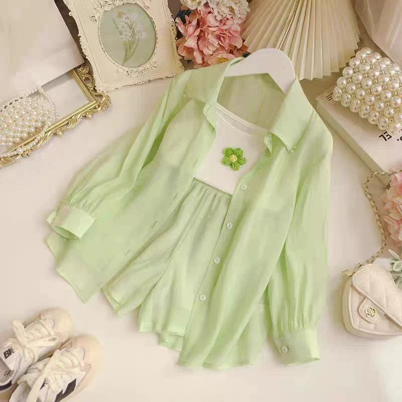 [363866] - One Set Ala Korea Anak Cewek Setelan Baju 3in1 Atasan Kemeja Lengan Panjang Tanktop Bawahan Celana Pendek Fashion Anak Perempuan