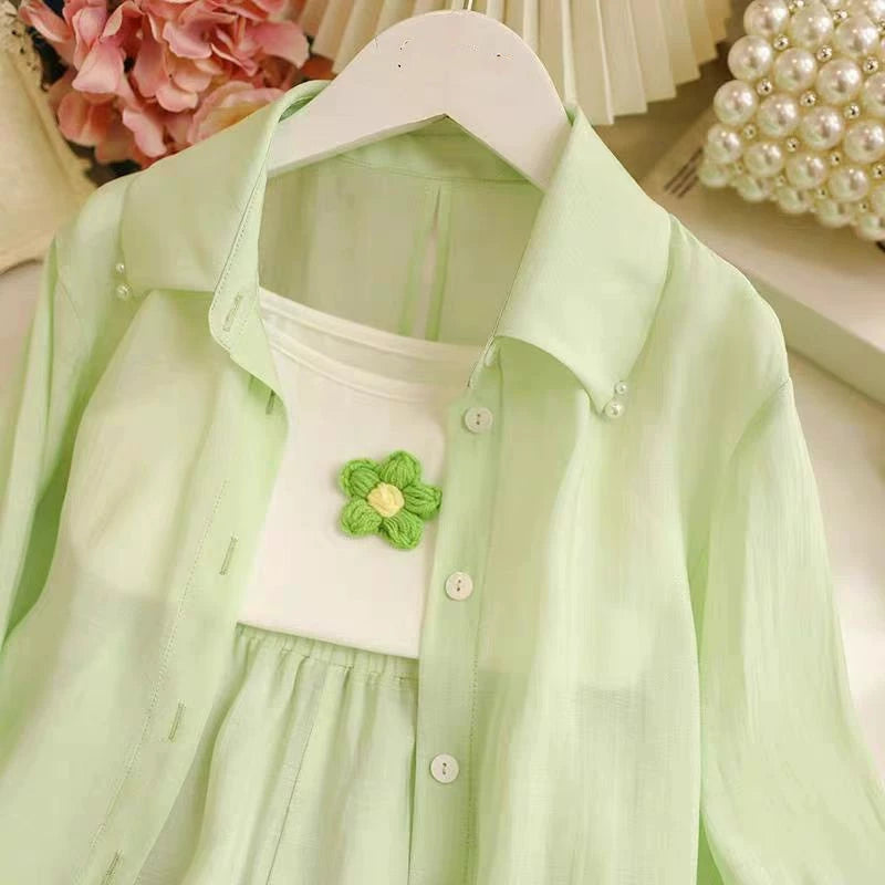 [363866] - One Set Ala Korea Anak Cewek Setelan Baju 3in1 Atasan Kemeja Lengan Panjang Tanktop Bawahan Celana Pendek Fashion Anak Perempuan