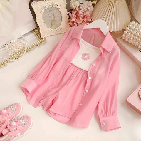 [363866] - One Set Ala Korea Anak Cewek Setelan Baju 3in1 Atasan Kemeja Lengan Panjang Tanktop Bawahan Celana Pendek Fashion Anak Perempuan