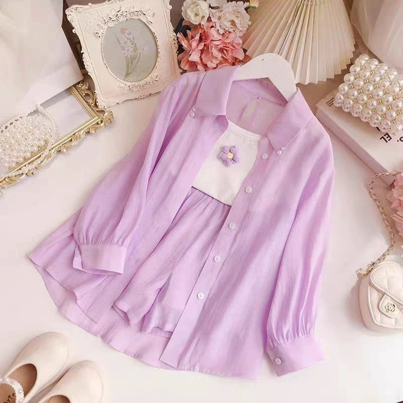 [363866] - One Set Ala Korea Anak Cewek Setelan Baju 3in1 Atasan Kemeja Lengan Panjang Tanktop Bawahan Celana Pendek Fashion Anak Perempuan