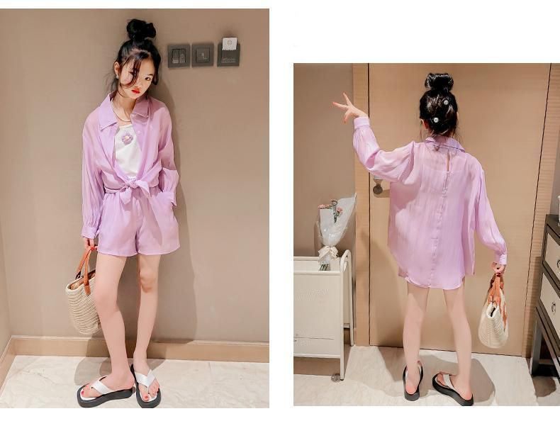 [363866] - One Set Ala Korea Anak Cewek Setelan Baju 3in1 Atasan Kemeja Lengan Panjang Tanktop Bawahan Celana Pendek Fashion Anak Perempuan
