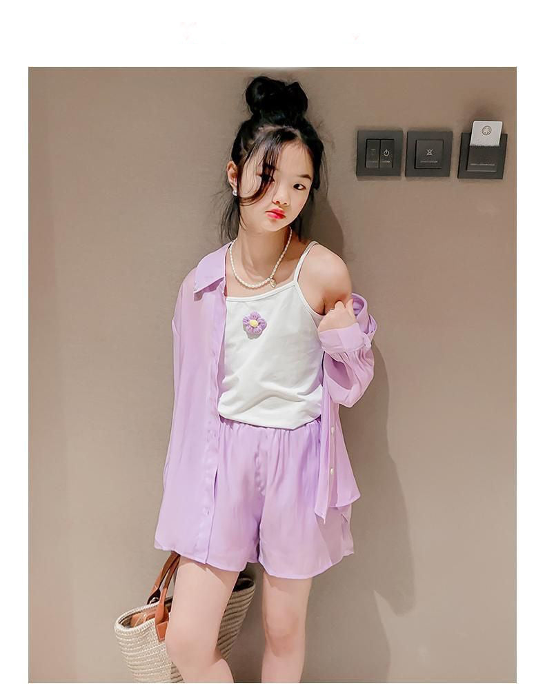 [363866] - One Set Ala Korea Anak Cewek Setelan Baju 3in1 Atasan Kemeja Lengan Panjang Tanktop Bawahan Celana Pendek Fashion Anak Perempuan