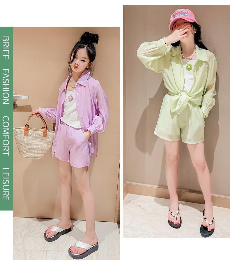 [363866] - One Set Ala Korea Anak Cewek Setelan Baju 3in1 Atasan Kemeja Lengan Panjang Tanktop Bawahan Celana Pendek Fashion Anak Perempuan