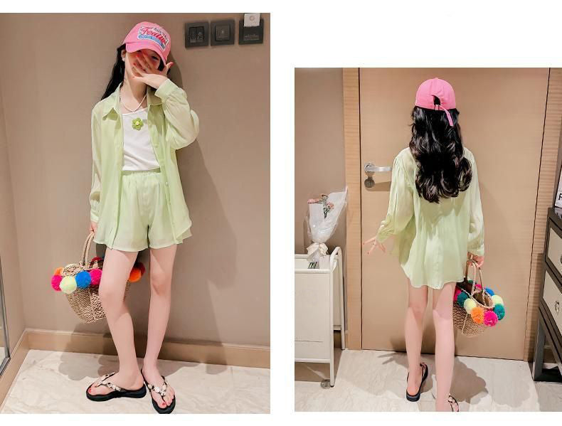 [363866] - One Set Ala Korea Anak Cewek Setelan Baju 3in1 Atasan Kemeja Lengan Panjang Tanktop Bawahan Celana Pendek Fashion Anak Perempuan