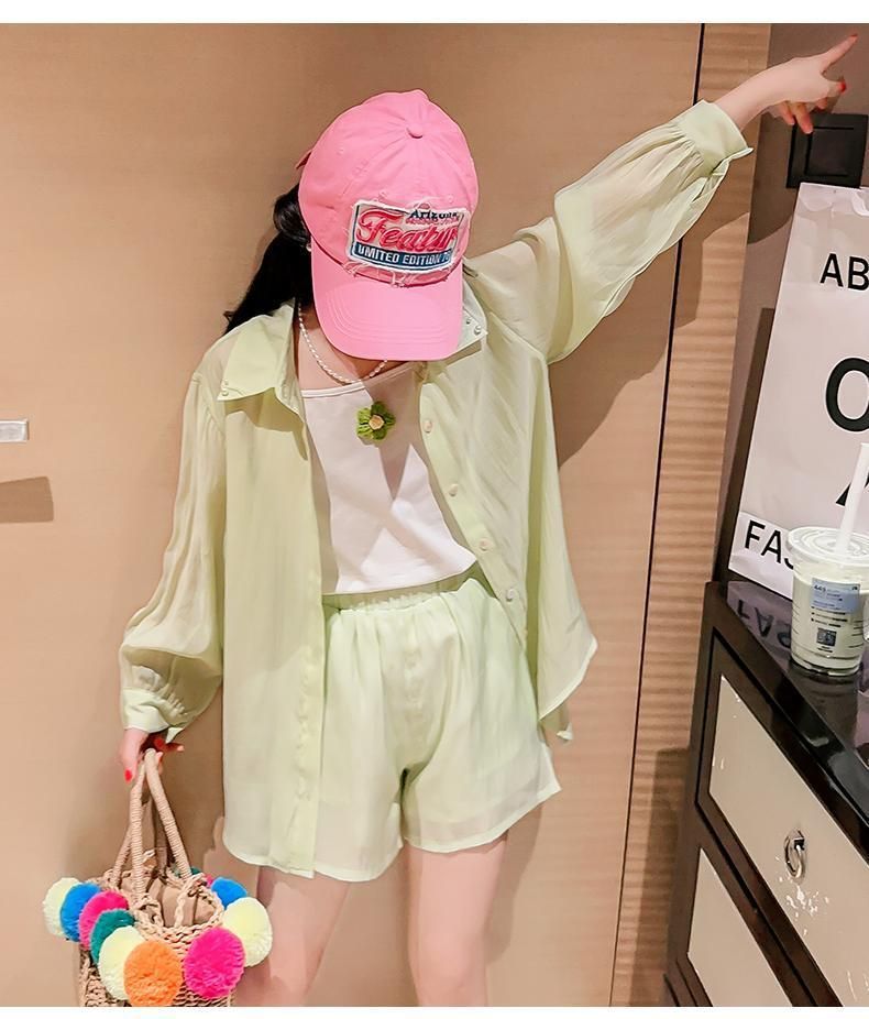 [363866] - One Set Ala Korea Anak Cewek Setelan Baju 3in1 Atasan Kemeja Lengan Panjang Tanktop Bawahan Celana Pendek Fashion Anak Perempuan