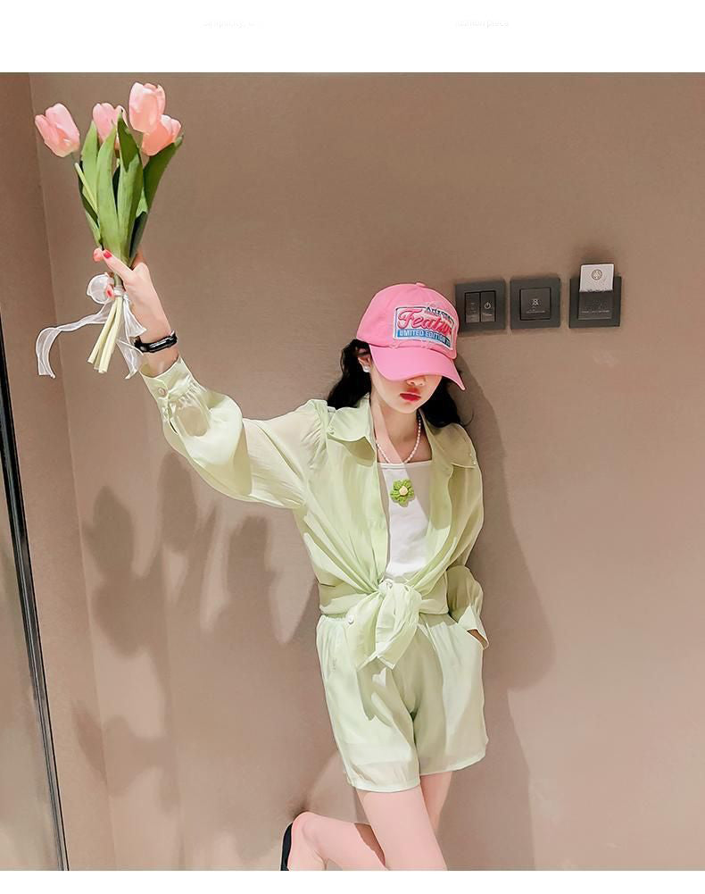 [363866] - One Set Ala Korea Anak Cewek Setelan Baju 3in1 Atasan Kemeja Lengan Panjang Tanktop Bawahan Celana Pendek Fashion Anak Perempuan
