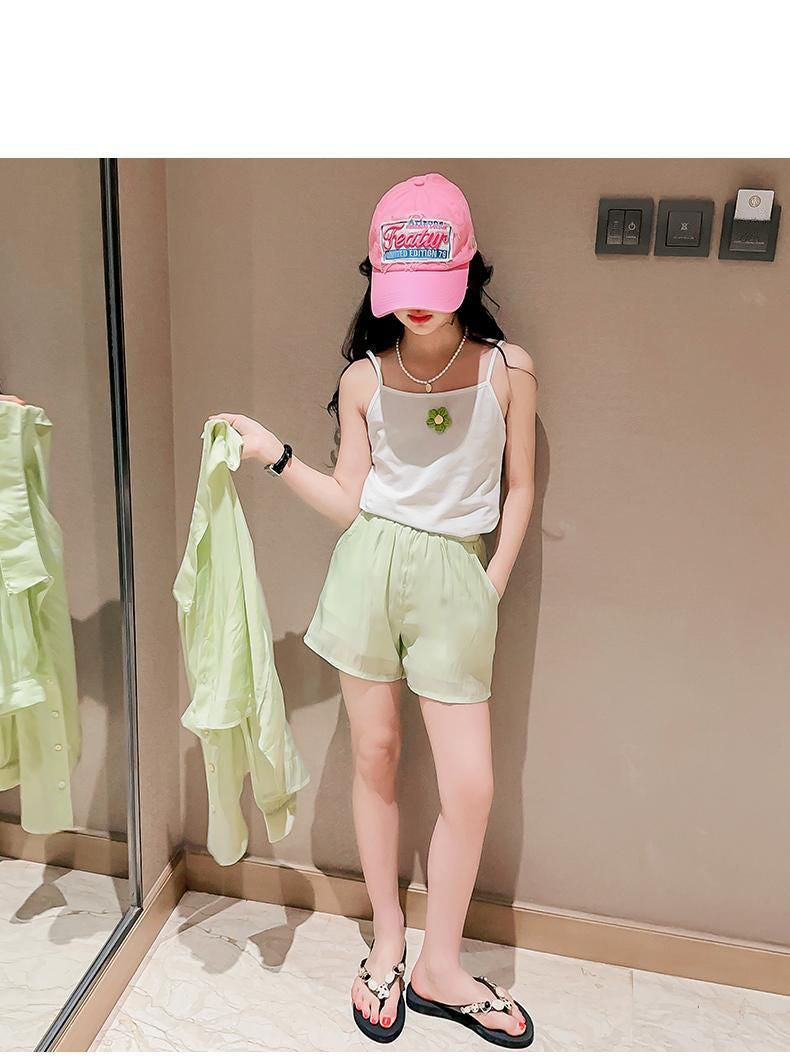 [363866] - One Set Ala Korea Anak Cewek Setelan Baju 3in1 Atasan Kemeja Lengan Panjang Tanktop Bawahan Celana Pendek Fashion Anak Perempuan