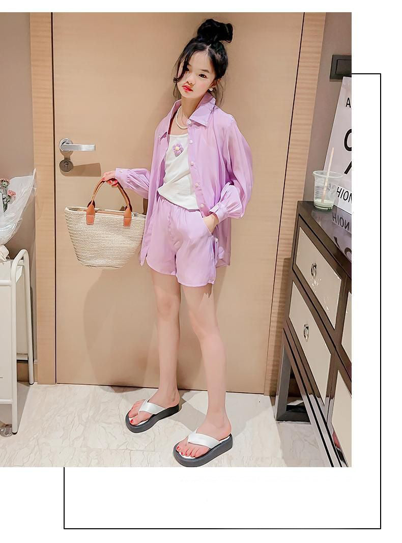 [363866] - One Set Ala Korea Anak Cewek Setelan Baju 3in1 Atasan Kemeja Lengan Panjang Tanktop Bawahan Celana Pendek Fashion Anak Perempuan
