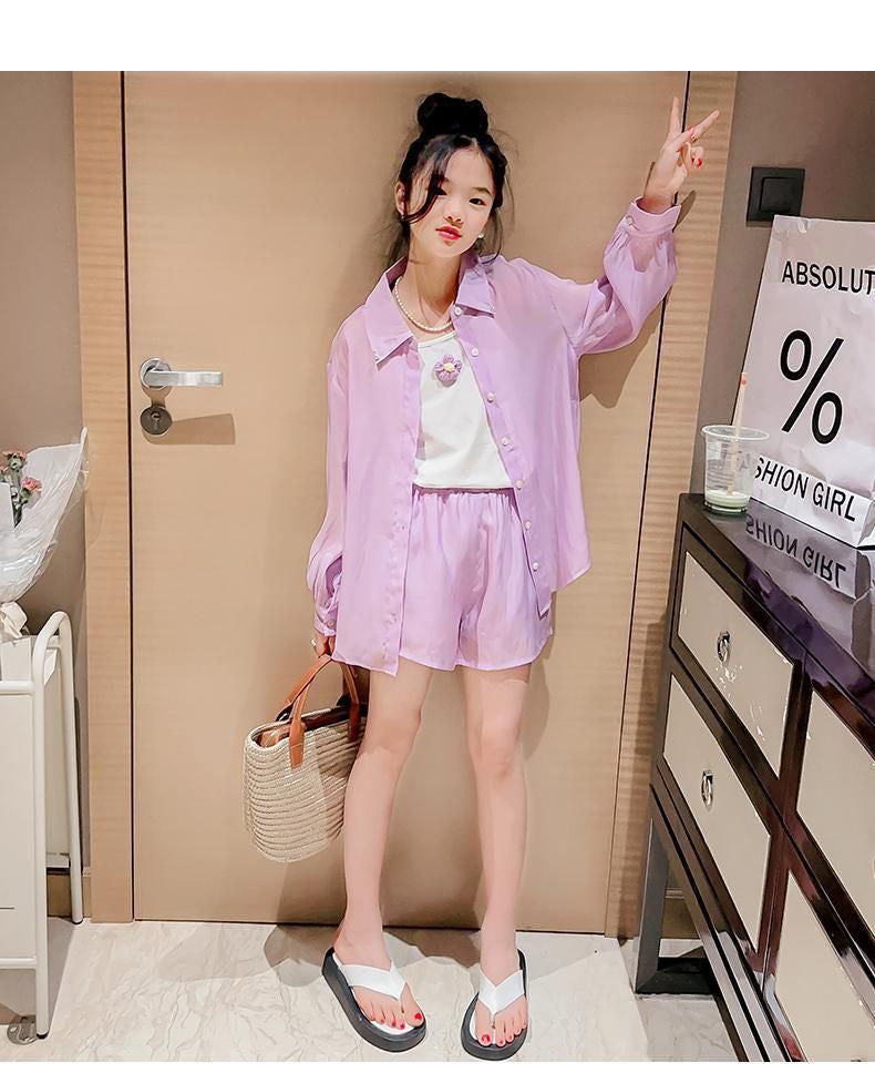 [363866] - One Set Ala Korea Anak Cewek Setelan Baju 3in1 Atasan Kemeja Lengan Panjang Tanktop Bawahan Celana Pendek Fashion Anak Perempuan