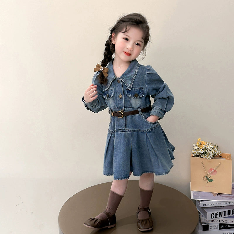 [363867] - Baju Dress Jeans Lengan Panjang Denim Plisket Fashion Anak Perempuan TANPA BELT