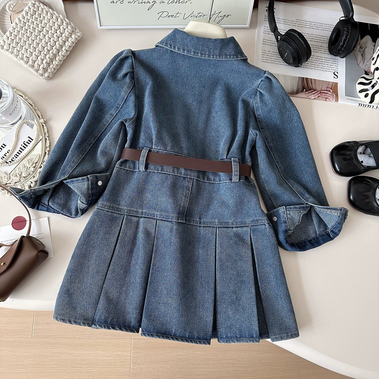 [363867] - Baju Dress Jeans Lengan Panjang Denim Plisket Fashion Anak Perempuan TANPA BELT