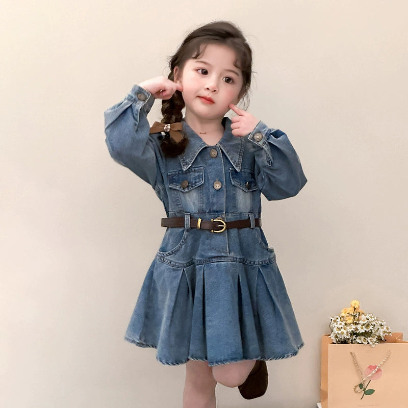 [363867] - Baju Dress Jeans Lengan Panjang Denim Plisket Fashion Anak Perempuan TANPA BELT