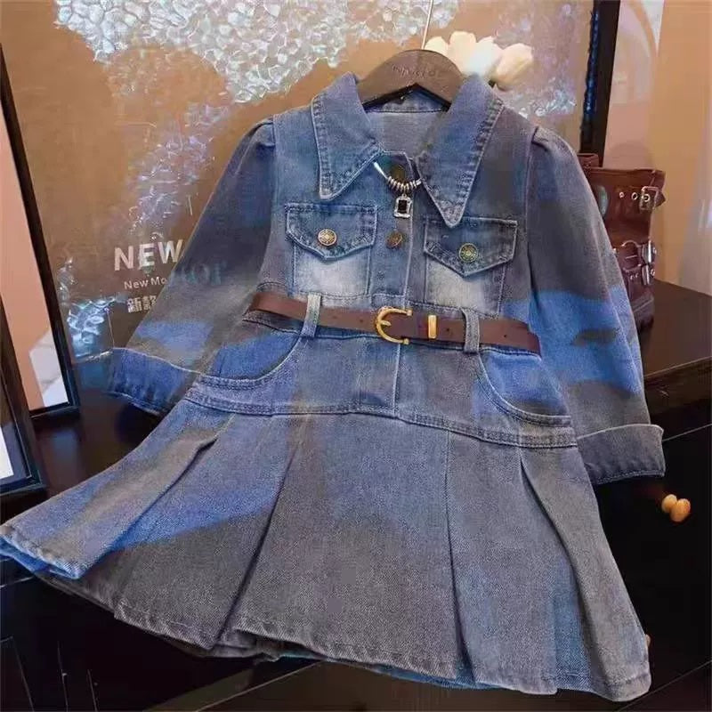 [363867] - Baju Dress Jeans Lengan Panjang Denim Plisket Fashion Anak Perempuan TANPA BELT