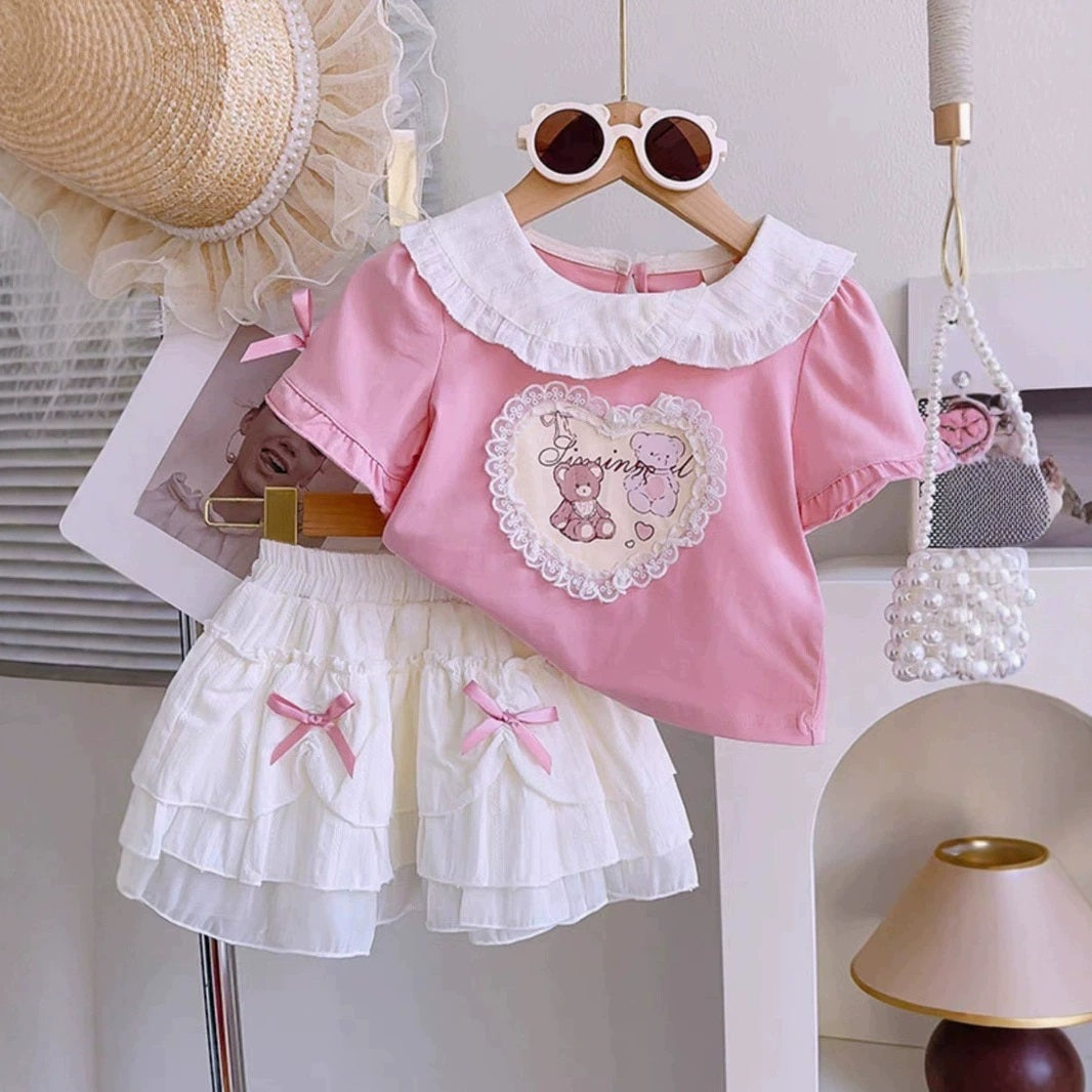 [363868] - Baju Setelan Atasan Lengan Pendek Bawahan Rok Ruffle Fashion Anak Perempuan - Motif Love Animal - BABYHOKI STORE