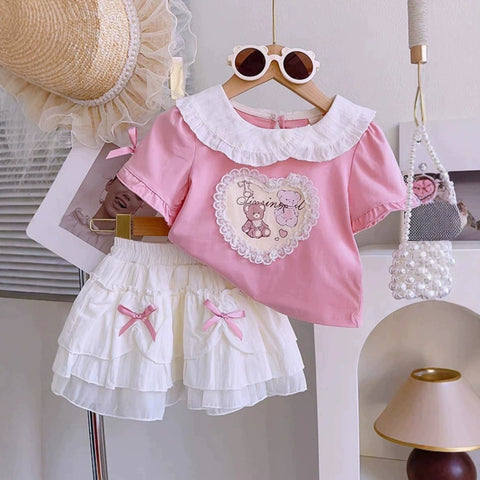 [363868] - Baju Setelan Atasan Lengan Pendek Bawahan Rok Ruffle Fashion Anak Perempuan - Motif Love Animal - BABYHOKI STORE